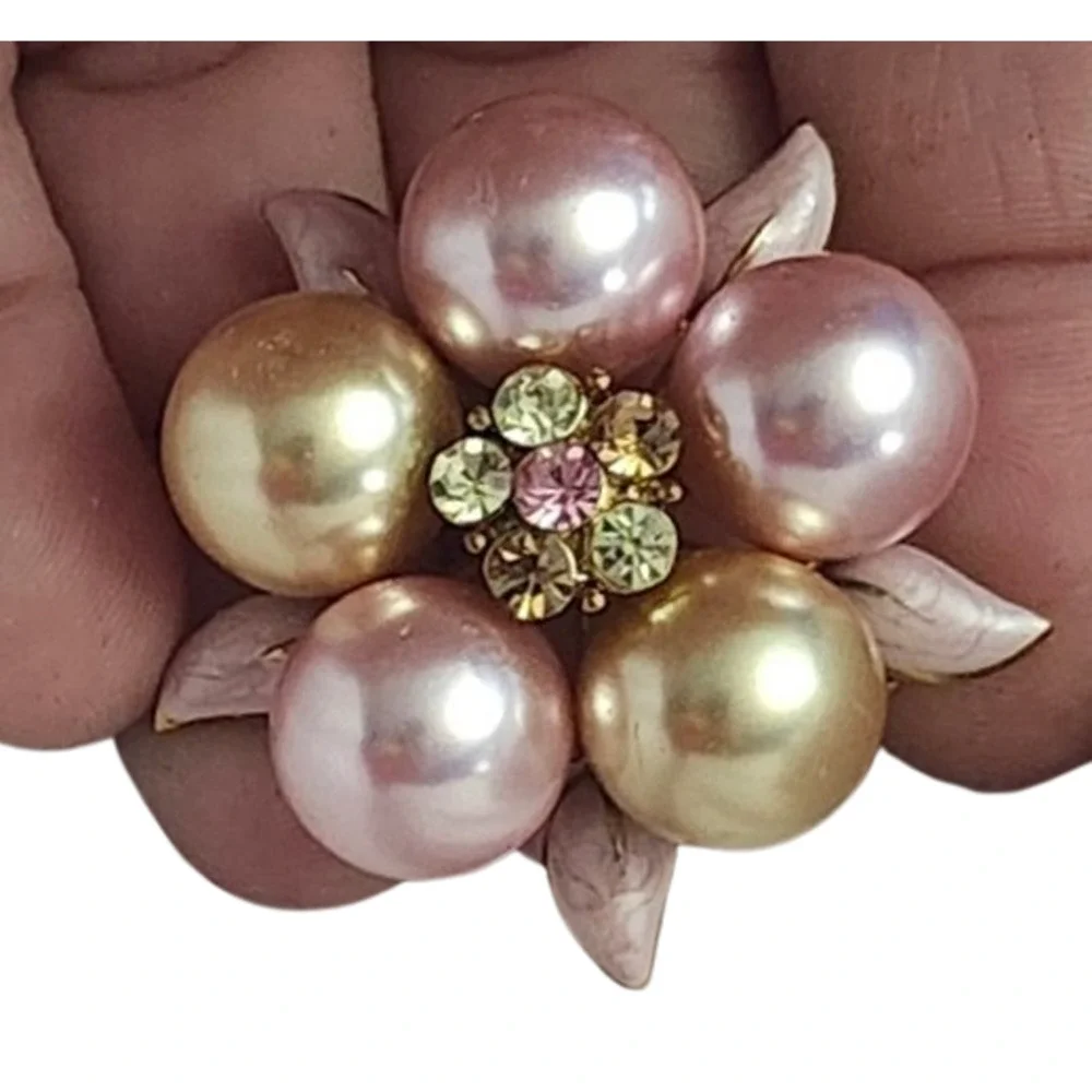 Vintage Mid-Century Faux Pearl & Rhinestone Flower Cluster Brooch Pin